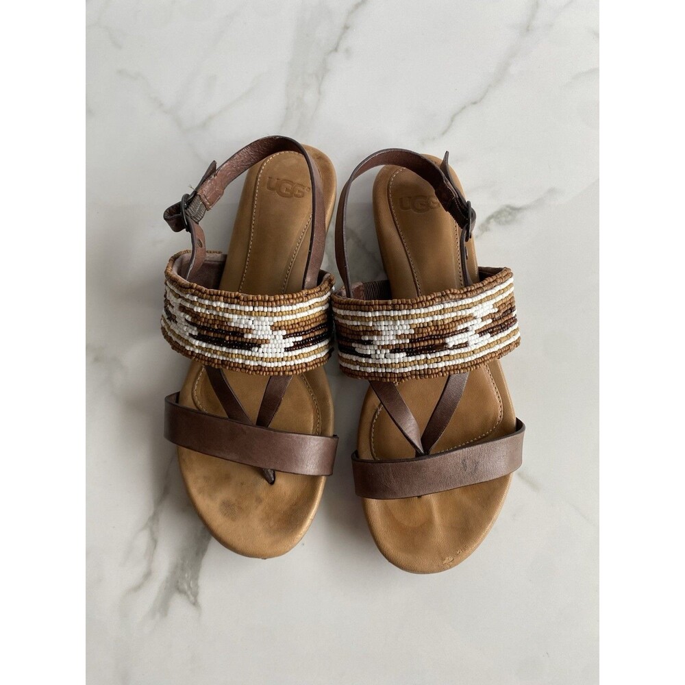 UGG Verona Serape Beaded Flat Leather Sandals Brown Tan Sz 6.5 Boho Flaw